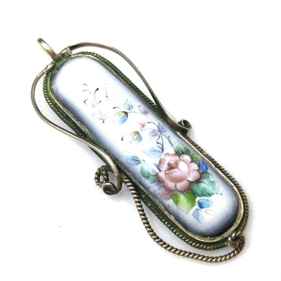 Vintage 1940s Russian Filigree Hand Painted Floral Pendant, Porcelain Floral Pin - Picture 5 of 10